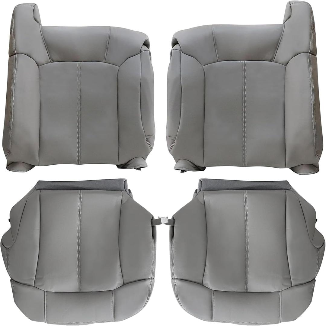GXARTS Driver and Passenger Side Bottom Lower & Top Lean Back Leather Seat Cover Pewter Gray 922/122 Fit for Chevy Silverado Tahoe Suburban Yukon GMC Sierra 1500 2500 3500 1999 2000 2001 2002