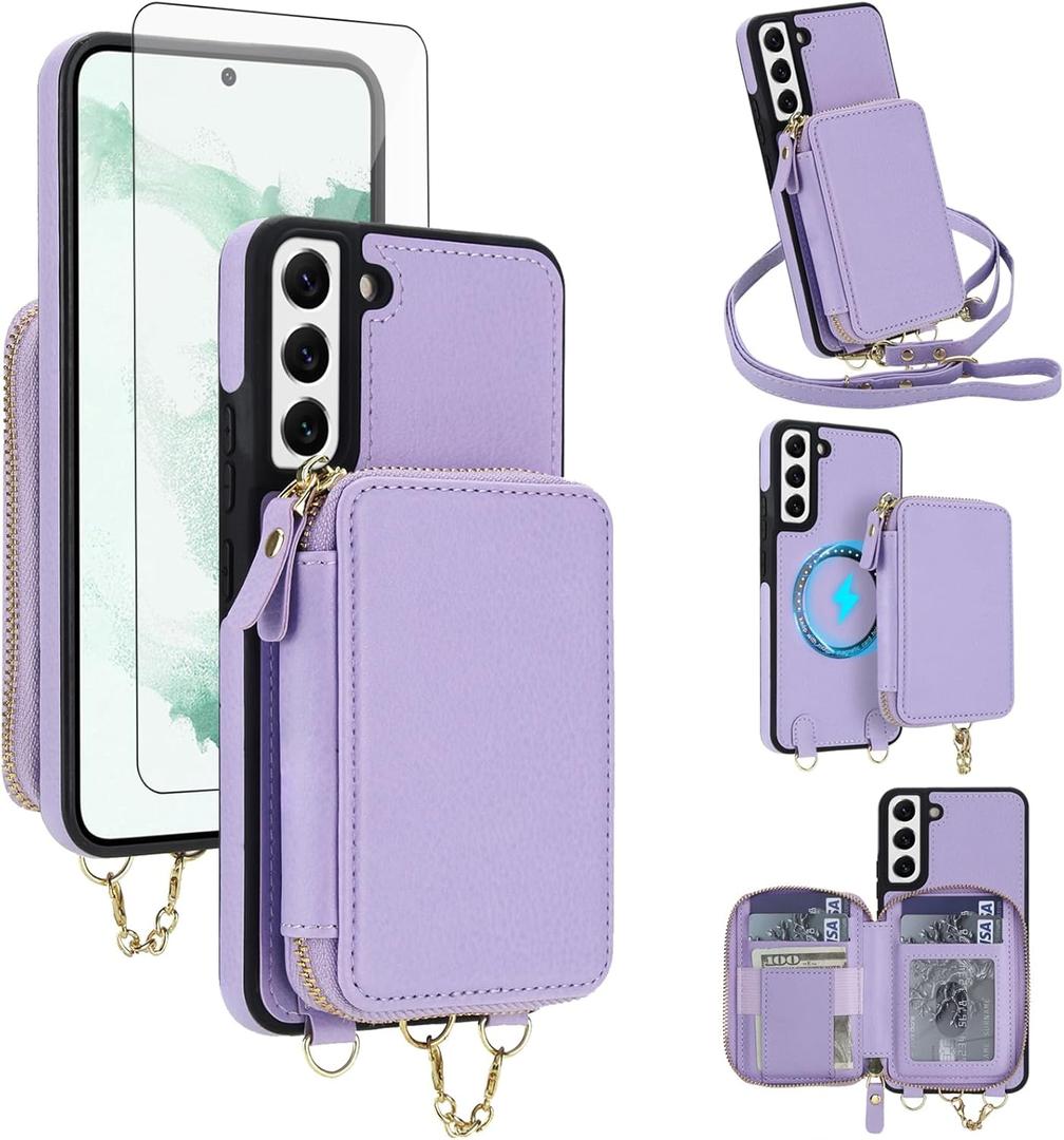 Asuwish Phone Case for Samsung Galaxy S22 5G Wallet Zipper Handbag Cover and Screen Protector Crossbody Lanyard Strap 2-in-1 Magnetic Detachable Compatible with MagSafe RFID Blocking Flip S 22 Purple
