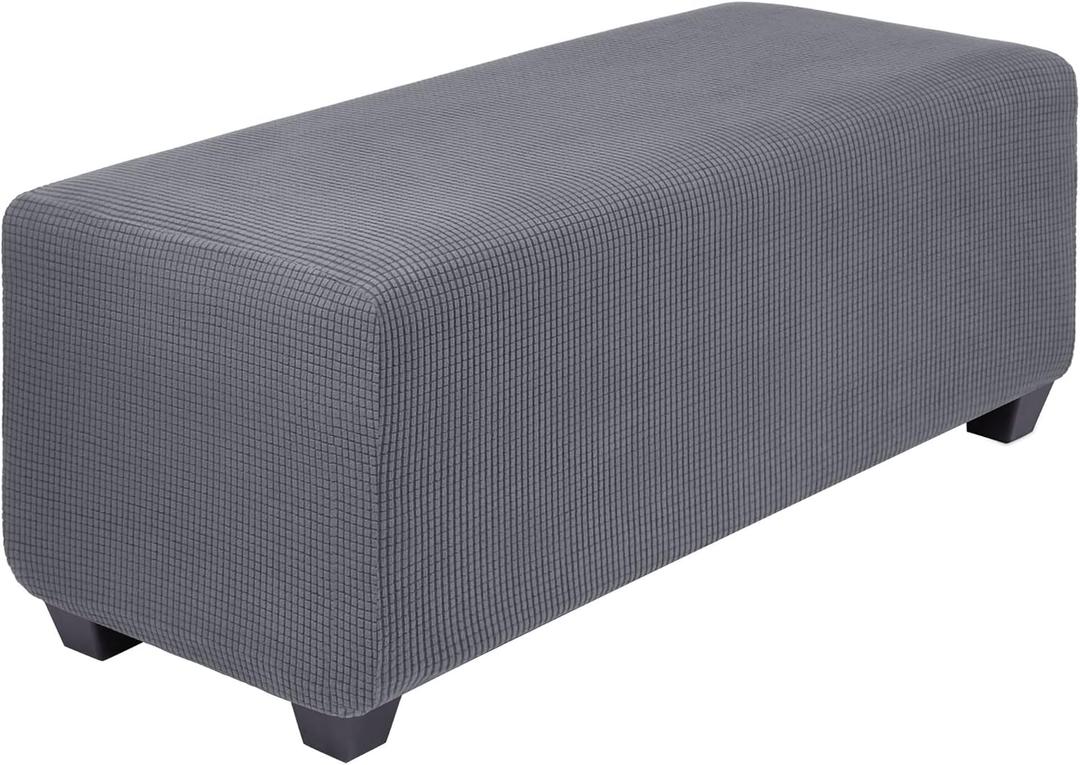 PiccoCasa High Stretch Ottoman Cover with Elastic Bottom, Soft Slipcover Jacquard Fabric Small Checks Rectangle Storage Stool Cover Furniture Covers Small Dark Gray