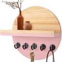 Pink Key Holder for Wall with Shelf - Wood Mail Organizer and Rack with Shelf Hooks Wall Mounted for Entryway Decor Magazines Letter Storage Farmhouse Living Room Bedroom Doorway