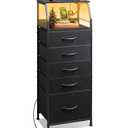 WLIVE LED Nightstand with Charging Station, Fabric Dresser with 5 Drawers for Bedroom, Tall Night Stand with Open Shelves, Bed Side Tables Living Room, Black