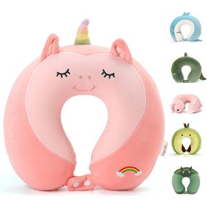 Niuniu Daddy Neck Pillow for Traveling, Pure Memory Foam Travel Neck Support Pillows for Airplane, Car Headrest Sleep - Age 8+ Children Kids Including Adults - Unicorn Travel Pillow