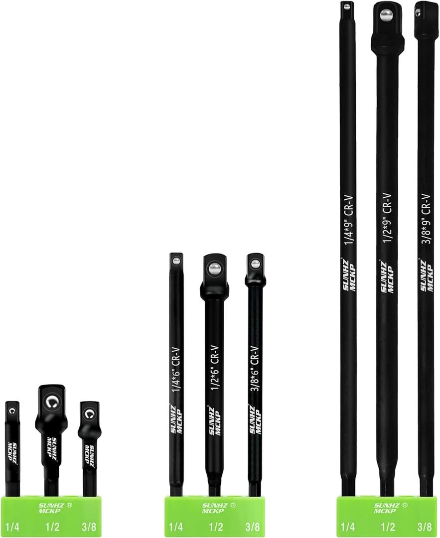 SUNHZMCKP 9-Piece Impact Grade Power Drill Sockets Adapter Sets, 3", 6", and 12" Hex Shank Impact Driver Socket Adapter, Socket to Drill Adapter 1/4" 3/8" 1/2" Impact Driver Adapter