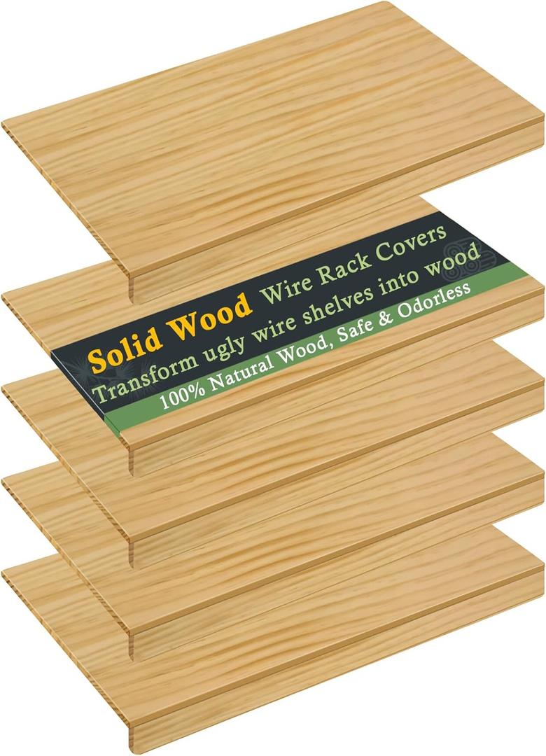 Solid Wood Shelf Covers for Wire Shelving, Wire Rack Covers for Pantry Shelves, Tool-Free & Snap-On (5pcs, 24" W x 16" D)