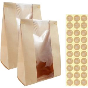 Twdrer 50 Pack Large Kraft Paper Bread Loaf Bag with Clear Front Window,Tin Tie Tab Lock Brown Bakery Coffee Cookie Treat Packaging Bags with 60 PCS Label Seal stickers(14" x 8.3" x 3.5")