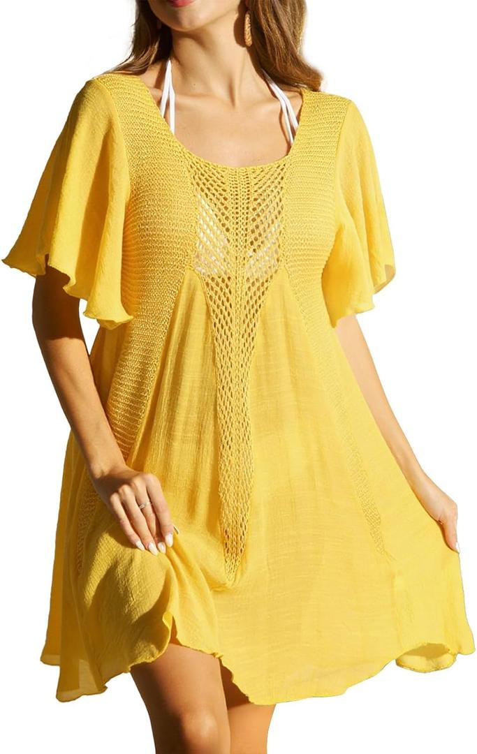 Women Swimsuit Cover Up Short Sleeve Bikini Coverups Crochet U-Neck Beach Dress (Small, Yellow)
