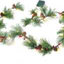 Christmas Pine Needle Garland with Lights - 6FT Battery Pre-Lit Rustic Smokey Christmas Cedar Garland with Pinecones, Red Berries, Gold Bells, Red Stars, Mixed Decors for Mantle Fireplace Door Window