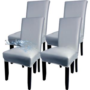 Soft Leather Chair Covers for Dining Chairs set of 4, Stretch Waterproof Dining Chair Covers Protector Oilproof and Scratch-Proof Parson Chairs Cover Modern Style for Kitchen Room(Grey, 4Pcs) (Light Gray)
