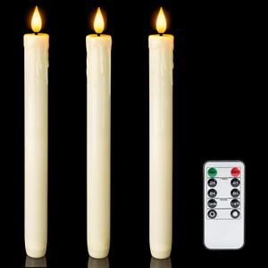 Homemory 3 Pcs Real Wax Flameless Taper Candles with Remote Timer and Dimmer, Battery Operated Candlesticks with Flickering Light, Ivory Window Candles, 9.6 Inches for for Wedding Home Decor