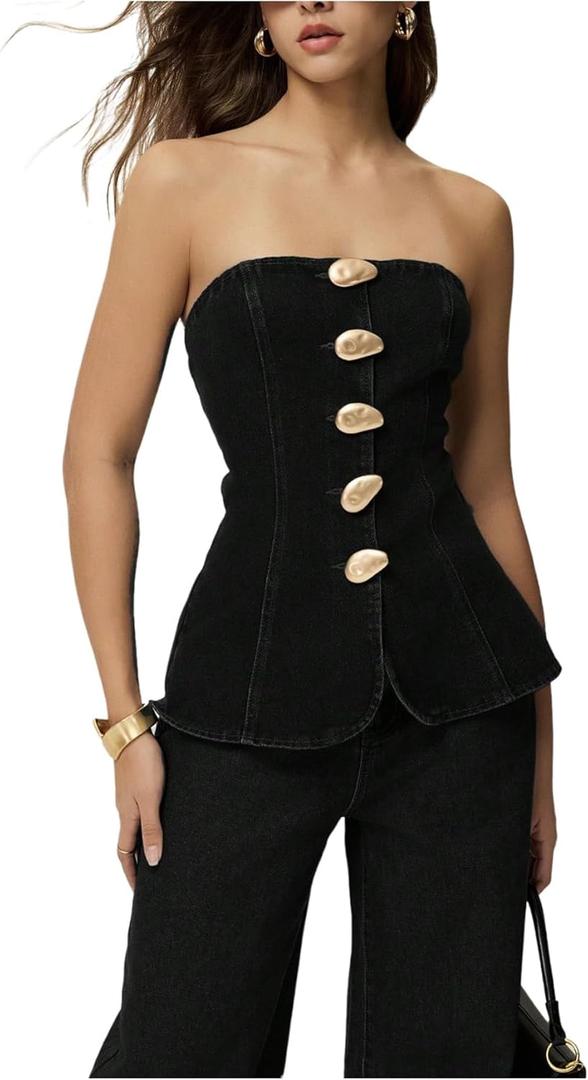 Floerns Women's Strapless Metal Button Front Tube Top (Black, L)