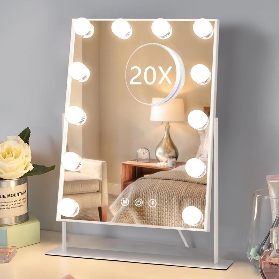 HIEEY Hollywood Makeup Mirror with 12 Dimmable Bulbs Lights, Three Color Lighting Modes, with 4in 20X Magnification Mirror, Smart Touch Control, 360Rotation (White,Gift Box)