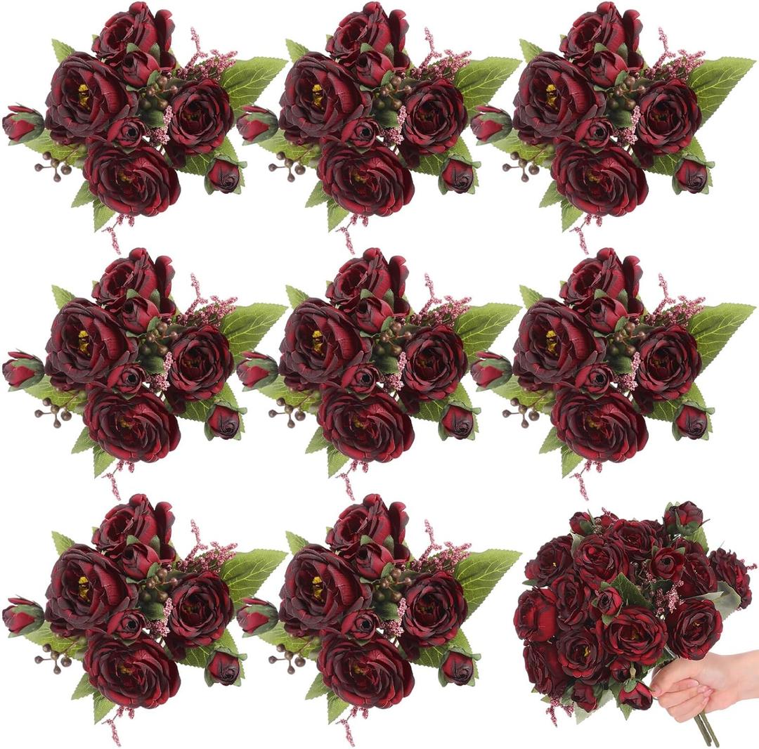 8 Bundles Artificial Peonies Flowers Boho Faux Flowers Arrangements Artificial Centerpiece Spring Bouquet Floral Wedding Decoration for Vase(Burgundy)