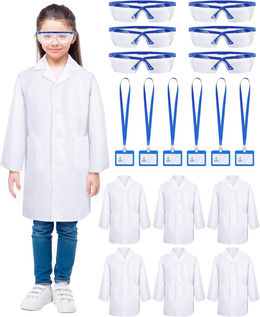 6 Sets 18 Pcs White Kids Lab Coats Bulk Children Girl Doctor Scientist Costume Lab Coat with Goggles Card Holder (Medium)