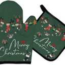 Mingnei Green Christmas Oven Mitts and Pot Holders Sets, Merry Christmas Heat Resistant Pads Kitchen Decor for Cooking Baking BBQ Grilling, Christmas Xmas Oven Glove Set Kitchen Gifts