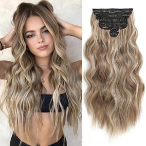 Clip in Hair Extensions for Women, 6PCS Long Wavy Curly Clip on Hair Extensions 16 Inch Ash Brown Mixed Ash Blonde Synthetic Hairpieces