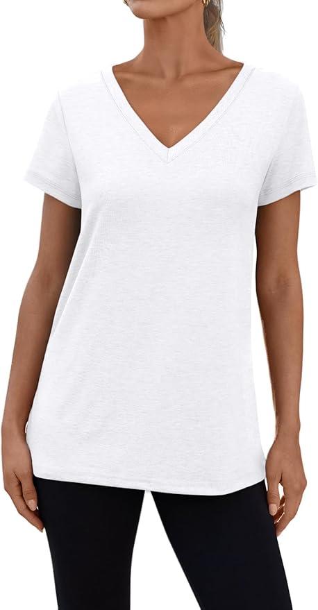 3 Pack V Neck T Shirts for Women Short Sleeve Tshirts Summer Casual Tops Loose Fit Basic Tees White/Gray/Black, Medium