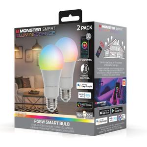 Monster Multi-Color and Warm-White LED Light Bulb, 16,000,000 Lighting Possibilities, Customizable with App, Compatible with Alexa/Siri/Google Assistant, Wi-Fi Enabled, 2-Pack, 9 Watt