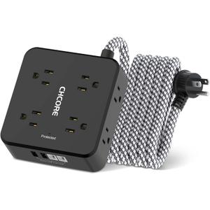 Surge Protector Power Strip - CHCORE 10Ft Braided Extension Cord with 8 Outlets with 4 USB (2 USB C) Charging Ports, Flat Plug Multi Plug Outlet Extender Charging Station for Home Office, ETL, Black