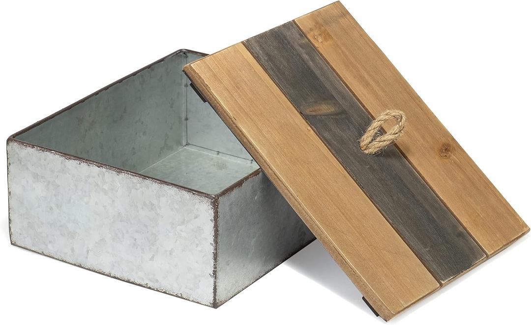 Red Co. 10.25" x 8" Country Rustic Galvanized Metal Decorative Storage Box with Wooden Lid