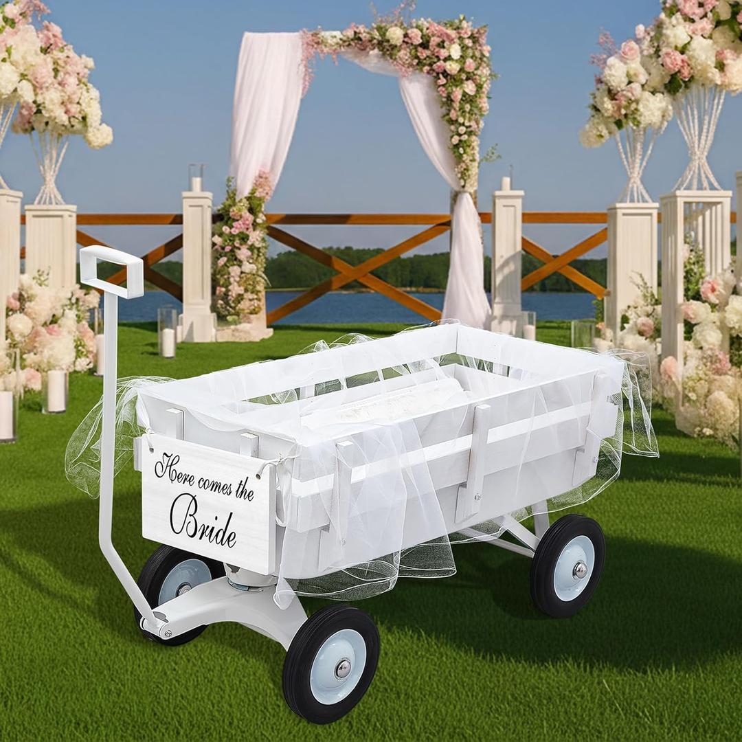 4 Pcs All-Terrain Wedding Wagon Set Includes 39x17x32 Inch Heavy Duty White Flower Girls Wagon Cart Here Comes The Bride Sign White Tulle Plush Pad for Wedding Reception
