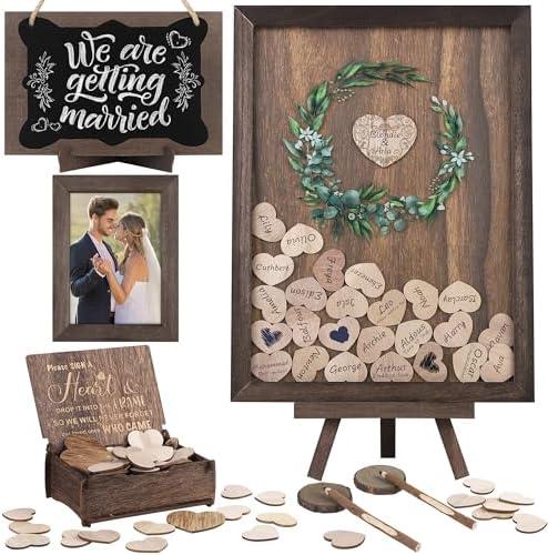 Aodaer Wedding Guest Book Alternative Drop Top Frame Heart Drop Wood Guest Book with Stand 122 Wooden Hearts Pens Box Mini Blackboard Rustic Wedding Decorations for Reception Baby Shower, Brown
