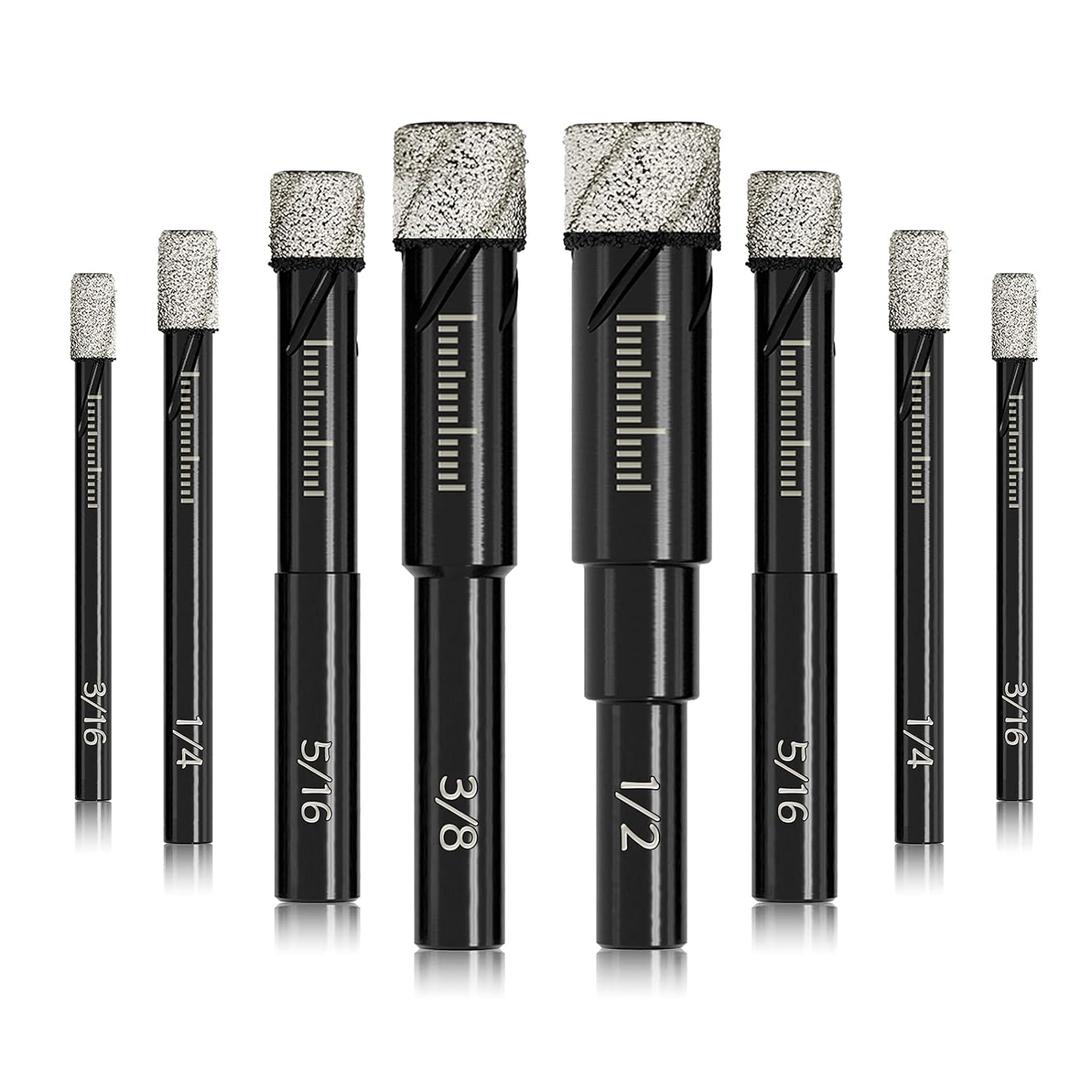 8 Pack Diamond Drill Bits Set for Granite Ceramic Marble Tile Stone Glass Hard Materials, Integrated Coolant for Fast Dry Drilling, Size 3/16 1/4 5/16 3/8 1/2 inch Masonry Core Drill Bits, Round Shank (8 Pcs Diamond Bits)