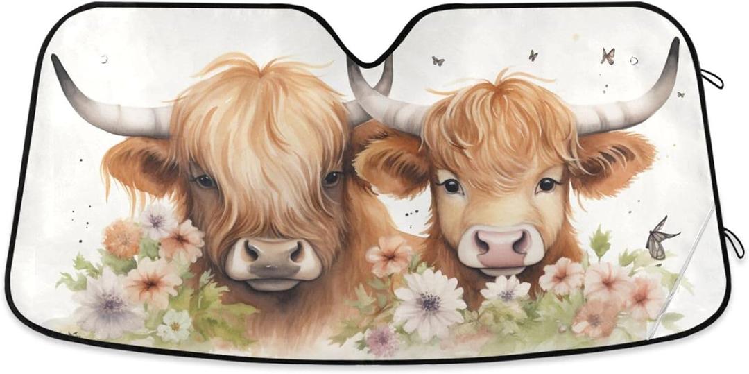 Car Windshield Sun Shade Highland Cows Flower Foldable UV Ray Sun Visor Protector Sunshade to Keep Your Vehicle Cool 55" x 27.6"