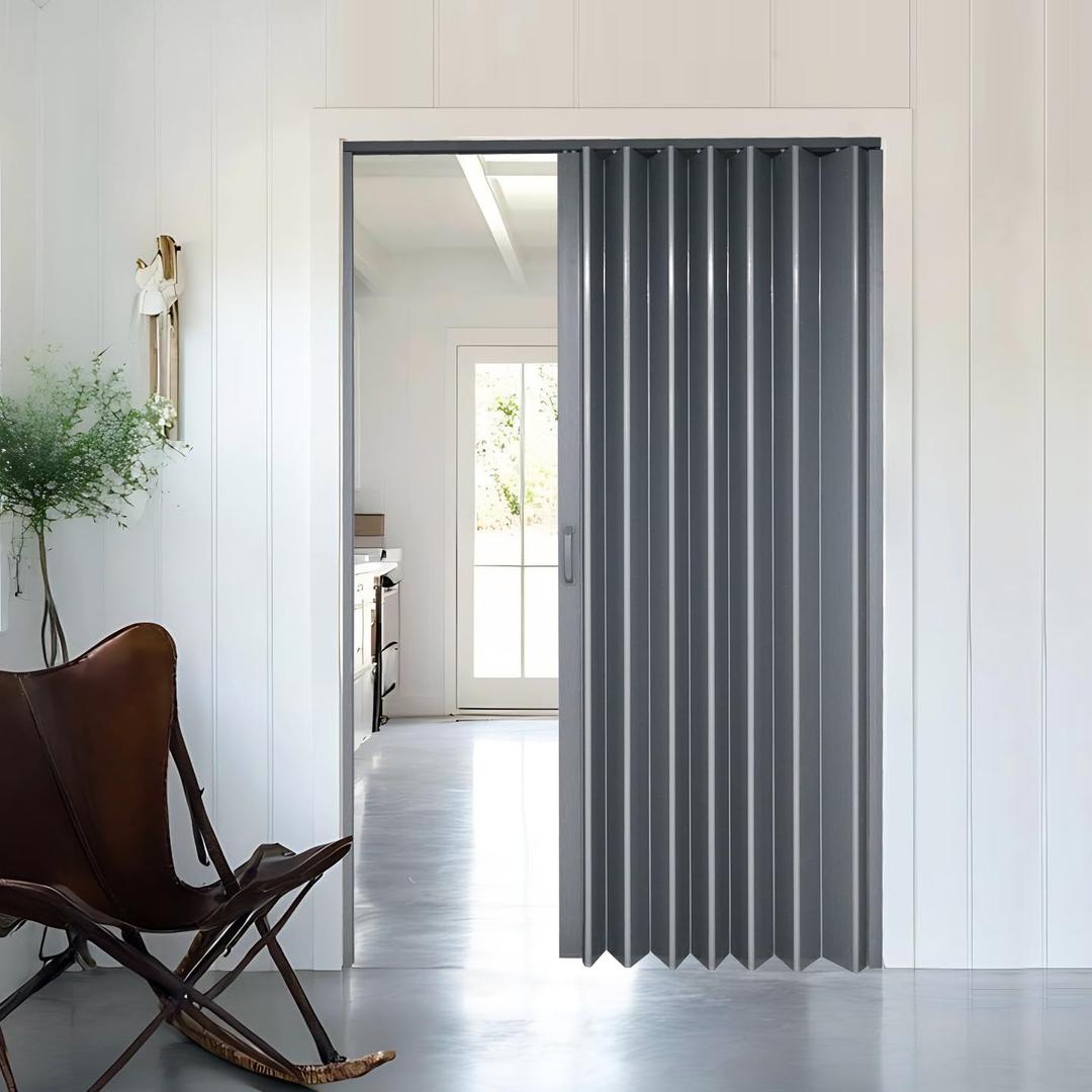 DIYHD 60X80in Grey PVC Folding Accordion Door for Interior, Includes Mounting Hardware, Handle & Latch,Single Door,Close to Right or Left (Dark Gray)