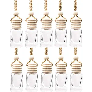 10 Pcs 8ml Hanging Car Air Freshener,Empty Clear Glass Cylindrical Essential Oil Diffuser Perfume Aromatherapy Pendant Bottle Vials With Wooden Caps & Hanging String-FREE 1 Funnel&Dropper