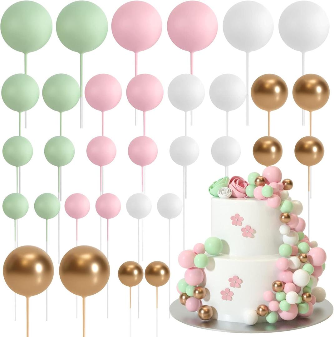 ASTARON Ball Cake Topper, 32 Pcs Foam & Wire Decorations, Mini Balloons Cake Topper Sticks, 4 Colors & Sizes for Wedding Party Birthday Cake Decorating (Pinkgreen)