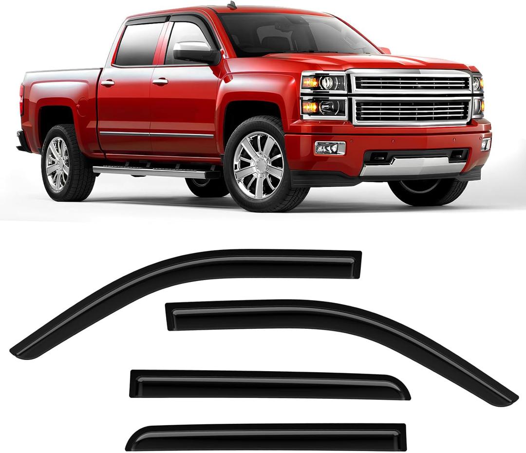 Rain Guards Compatible with Chevrolet Silverado 1500 Crew Cab 2014 2015 2016 2017 2018 Durable Tape-on Side Window Deflector Wind Deflectors GMC Sierra 1500 2014-2018 Rain Guard Black 4 PCS