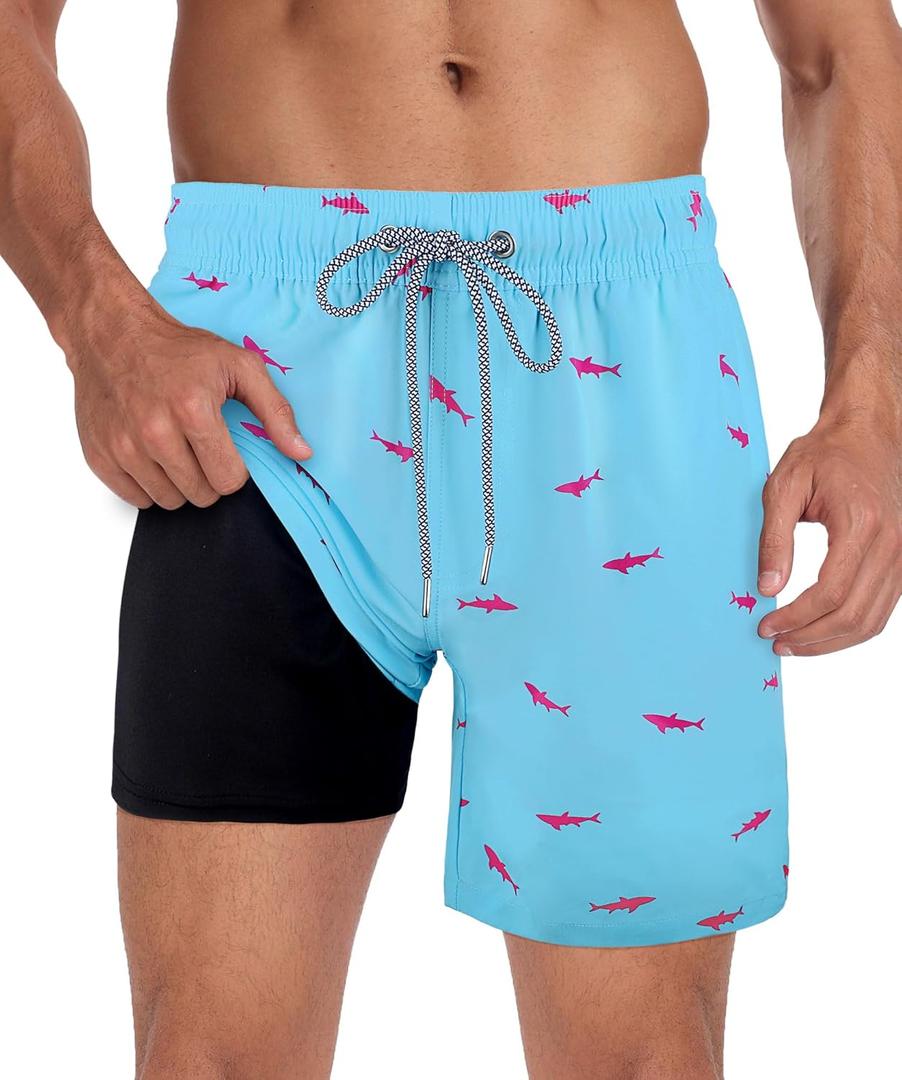Fasker Mens Swim Trunks with Compression Liner 7" Inseam Quick Dry Bathing Suit Beach Shorts Swimming Trunks with Pockets (Medium, Shark Design)