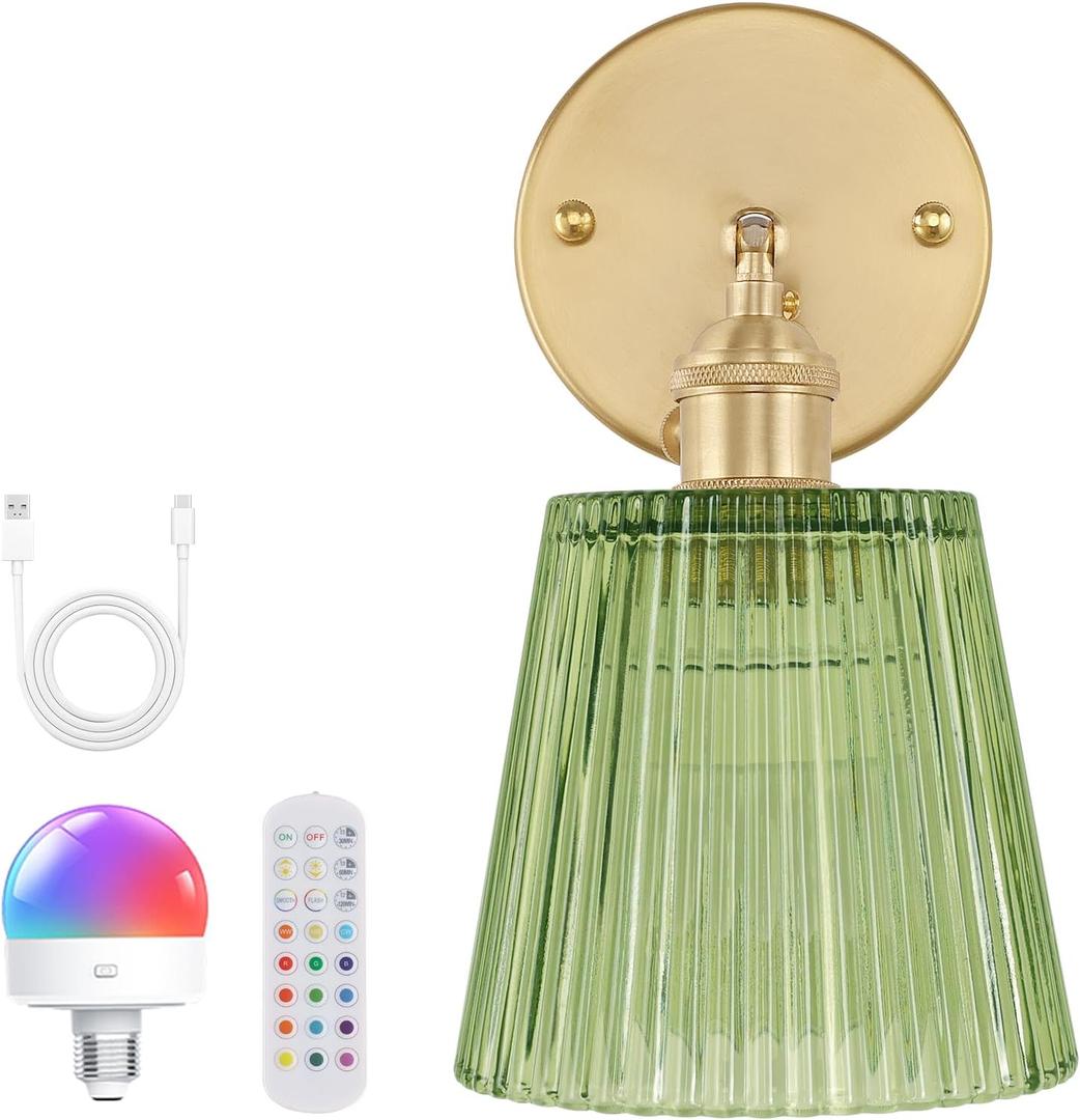 Vintage Battery Operated Wall Sconce with Green Stripe Glass Lampshade Rechargeable Battery Powered Wall Light with Remote Control for Bedside Bedroom Doorway