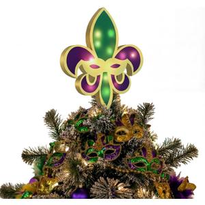 Mardi Gras Tree Toppers Decorations LED Large Wood Carnival Treetop Plug Purple Green Gold Mardi Gras Fleur De Lis Mystery Mask Decorations for Carnival Holiday Indoor Outdoor Party Favors (10 Inches)