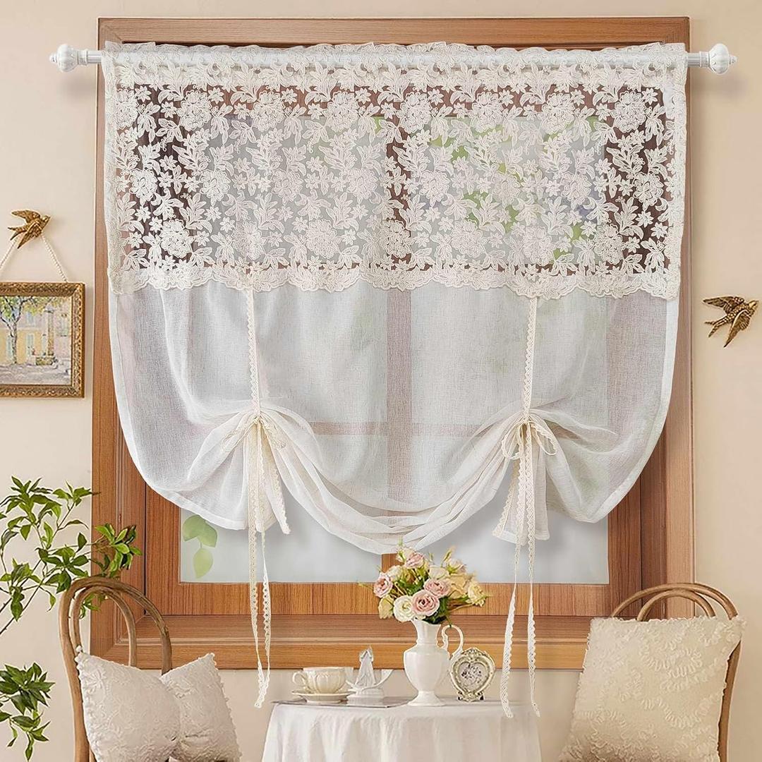 Romantic Floral Tie Up Curtains for Small Window Elegant Lace Balloon Sheer Curtain for Kitchen Bedroom Adjustable Sheer Curtain Valance for Bathroom Rod Pocket, 1 Panel (Beige,W52 L47 inch)