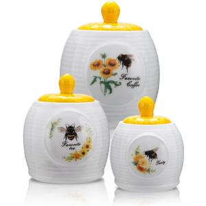 Kitchen Storage Canisters Honey Bee & Flower Pattern Ceramic Tea Coffee Sugar Canisters Set Storage Jar with Airtight Lid for Home Modern Kitchen, Set of 3