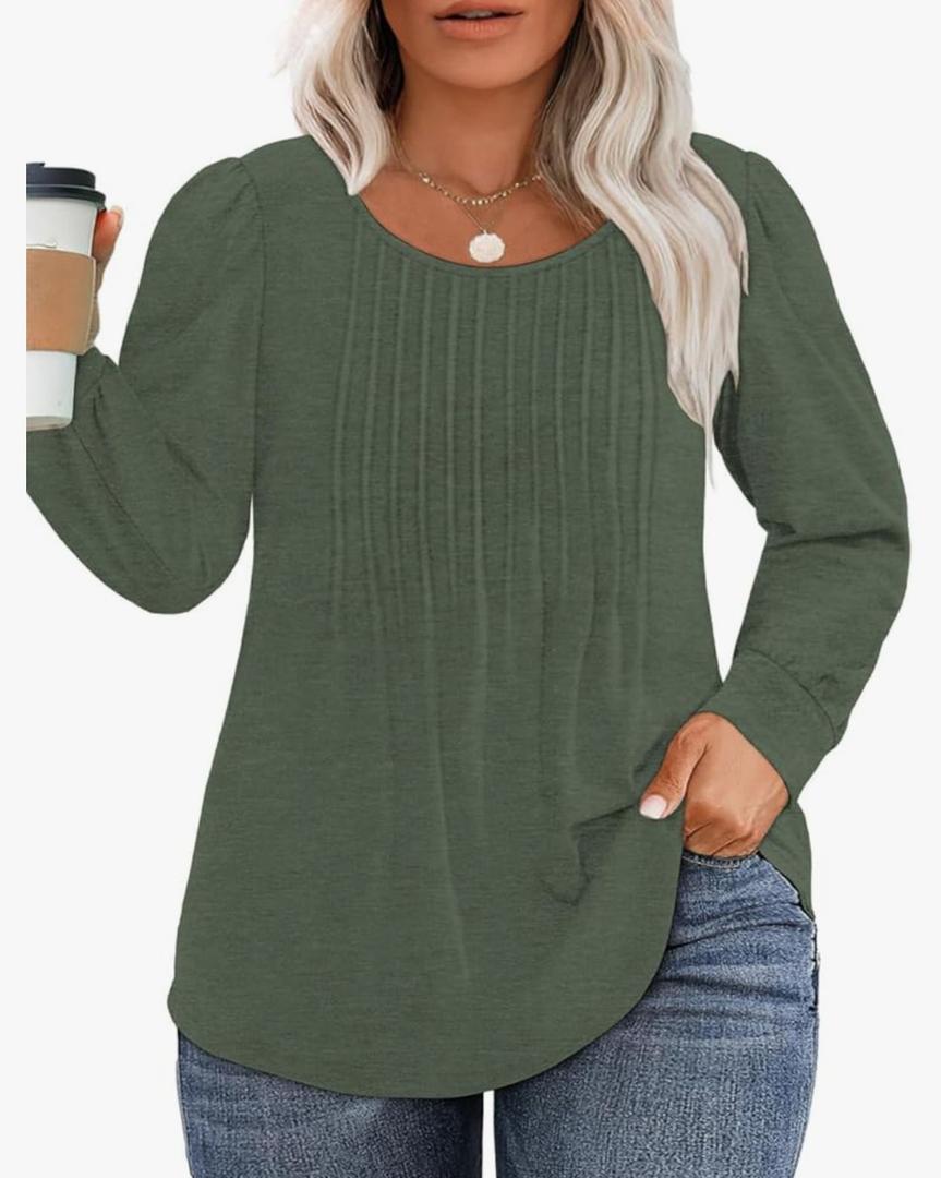 VISLILY Womens-Plus-Size-Dressy-Tops Trendy Puff Long Sleeve Shirts Cute Flowy Pleated Blouses Casual Crewneck Tunics 2XL