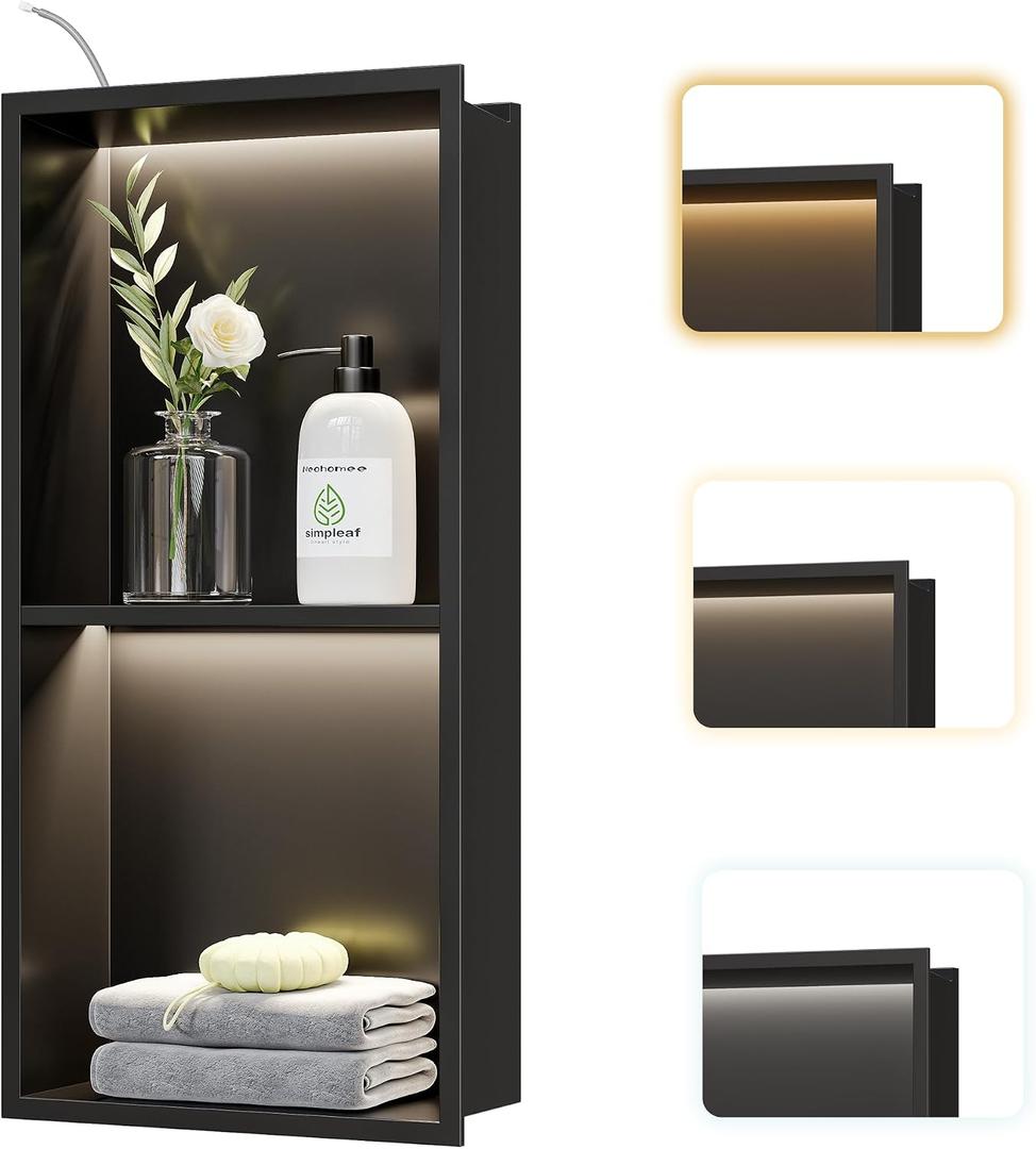 2-Tier Recessed LED Shower Niche,12"X24" Bathroom Wall Niche, with 3-Temperature LED Strip Light 4000K/6000K/3000K, Waterproof No Tile Need Stainless Steel Wall Cabinet(Matte Black), 12X24In