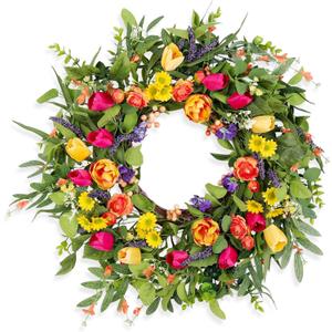 24 Inch Tulip Wreaths for Front Door, Spring Summer Wreath for Wall Porch Window with Tulip and Eucalyptus, Indoor and Outdoor Artificial Floral Wreath Home Decor, Party Holiday Anniversary Decoration