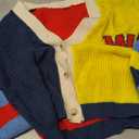 SHENHE Women's Color Block Knit Cardigan Open Front Button Down V Neck Cropped Sweater Knitwear Small