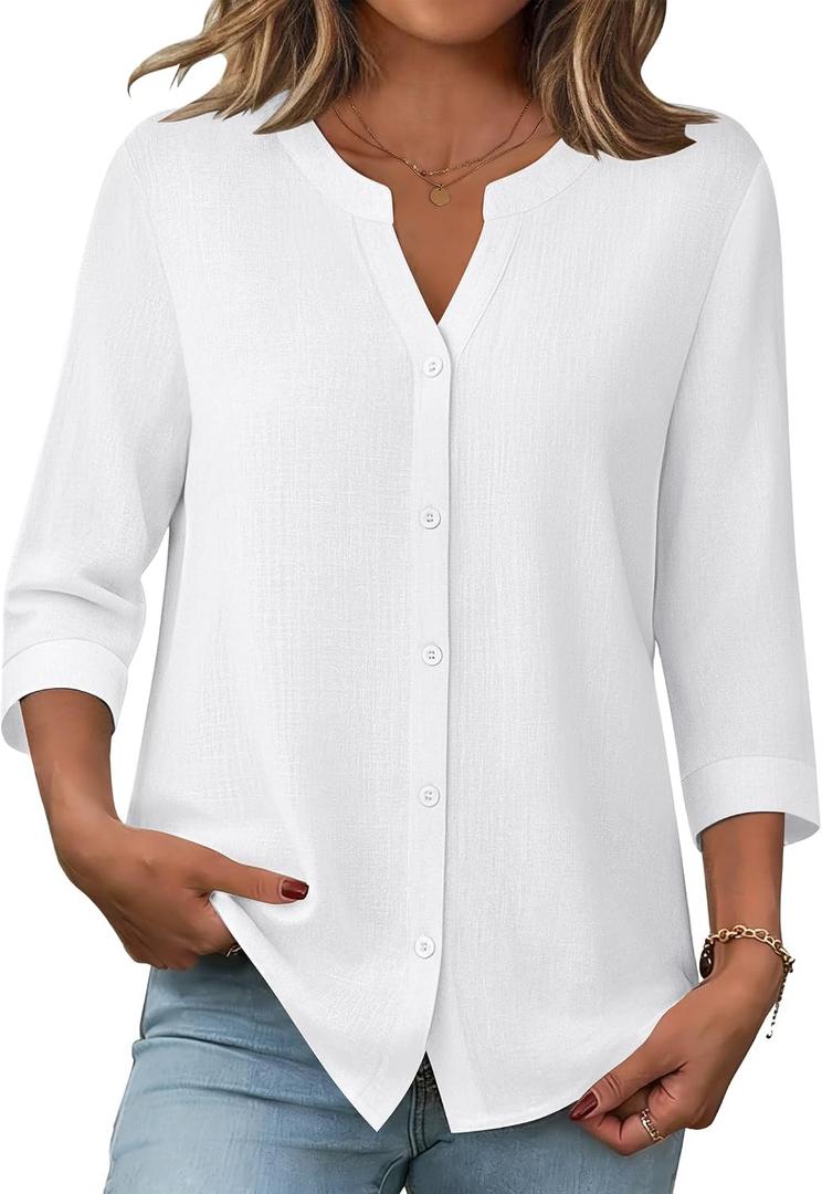 Zeagoo Button Down Shirts for Women 3/4 Sleeve Linen Cotton V Neck Tops Dressy Casual Loose Work Blouses (White, S)