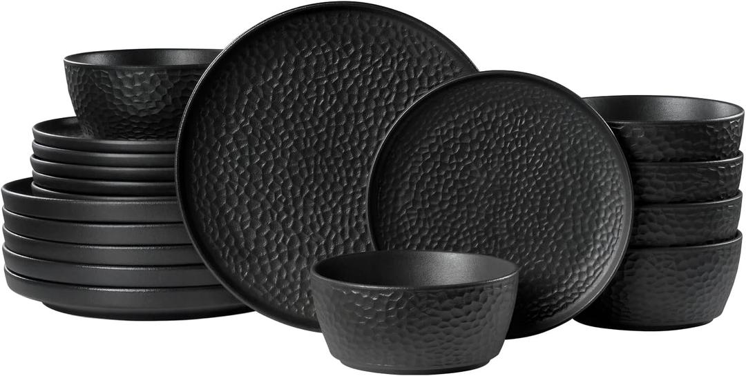 KINGSTONE Ceramic Dinnerware Set, 18-Piece Porcelain Plates and Bowls Set for 6, Matte Black or White, Hammered Texture, Microwave, Dishwasher & Oven Safe, Perfect for Home, Weddings & Gifts