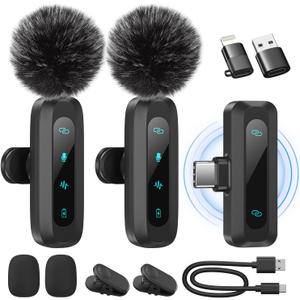 Wireless Lavalier Microphone for iPhone, iPad, Android Phone2-Pack Mini Microphone with Noise Reduction, Auto Pairing and Mute & Reverb for Vlogging, Video Recording, TikTok, YouTube - Plug & Play