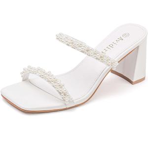 Avidirk Women's Square Open Toe Heeled Sandals Two Strap Mules Slip On Block Chunky Mid Heels Sandals, Size 7.5
