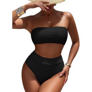 Pink Queen Women's High Waist Bikini Set Removable Strap Bandeau Two Piece Swimsuit Bathing Suit (Black, L)