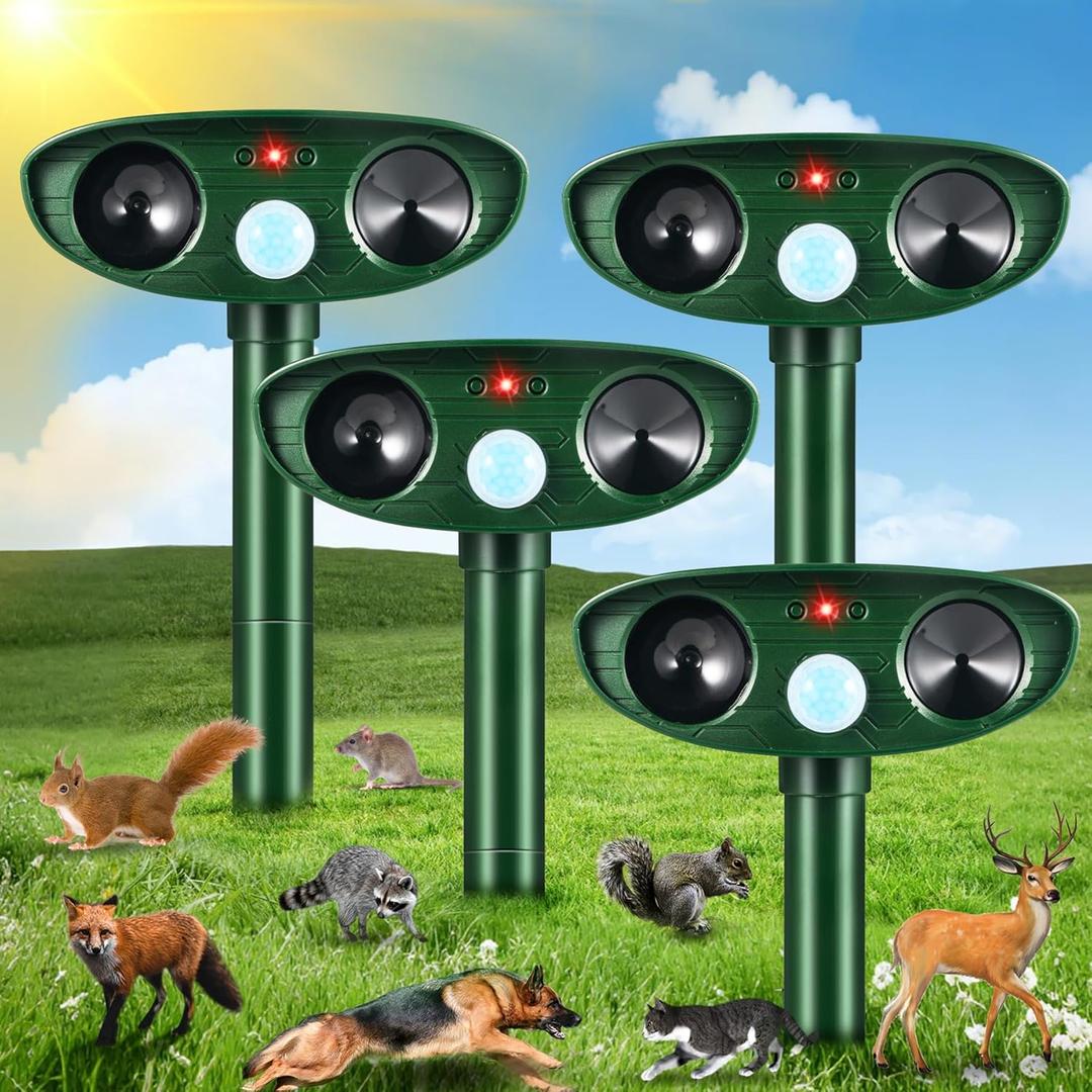 4 Pack 2025 Solar Ultrasonic Animal Repellent Outdoor Deer Repellent Devices Motion Detection Waterproof Cat Dog Skunk Raccoon Squirrel Rabbit Deterrent Animal Repeller for Yard Farm