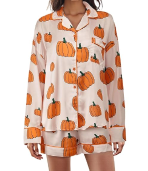 MBZJSDKHLK Women's Halloween Pajamas Set Silk Satin Ghost Pumpkin Print Long Sleeve Button Down Shirt 2 Piece Pjs Shorts Sets, L