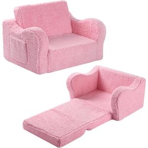 MOMCAYWEX Kids Sofa, 2-in-1 Flip-Out Foam Couch with Soft Sherpa Cover, Cozy Play Lounge Chair, Pink (Medium)