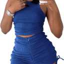 PYAEAS Summer Two Piece Outfits for Women, Casual Stretchy Ribbed Tank Crop Top Ruched Shorts Set Workout Tracksuits (Blue, L)