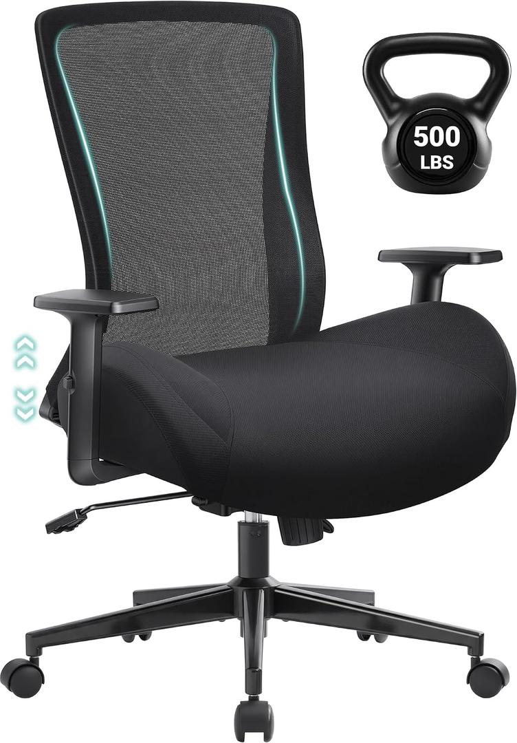 Big and Tall Home Office Desk Chair 500lb Capacity for Heavy People, Ergonomic Wide Mesh Desk Chair with Stepless Recline & Lock, 5.5" Thick Cushion, High Back, Adjustable Height & Armrests
